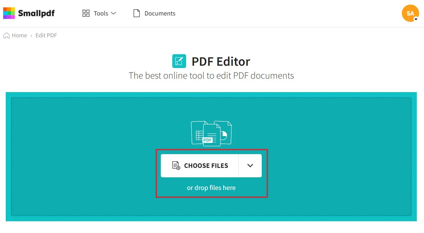 PDF-Bild online zuschneiden mit samllpdf - PDF Datei auswählen
