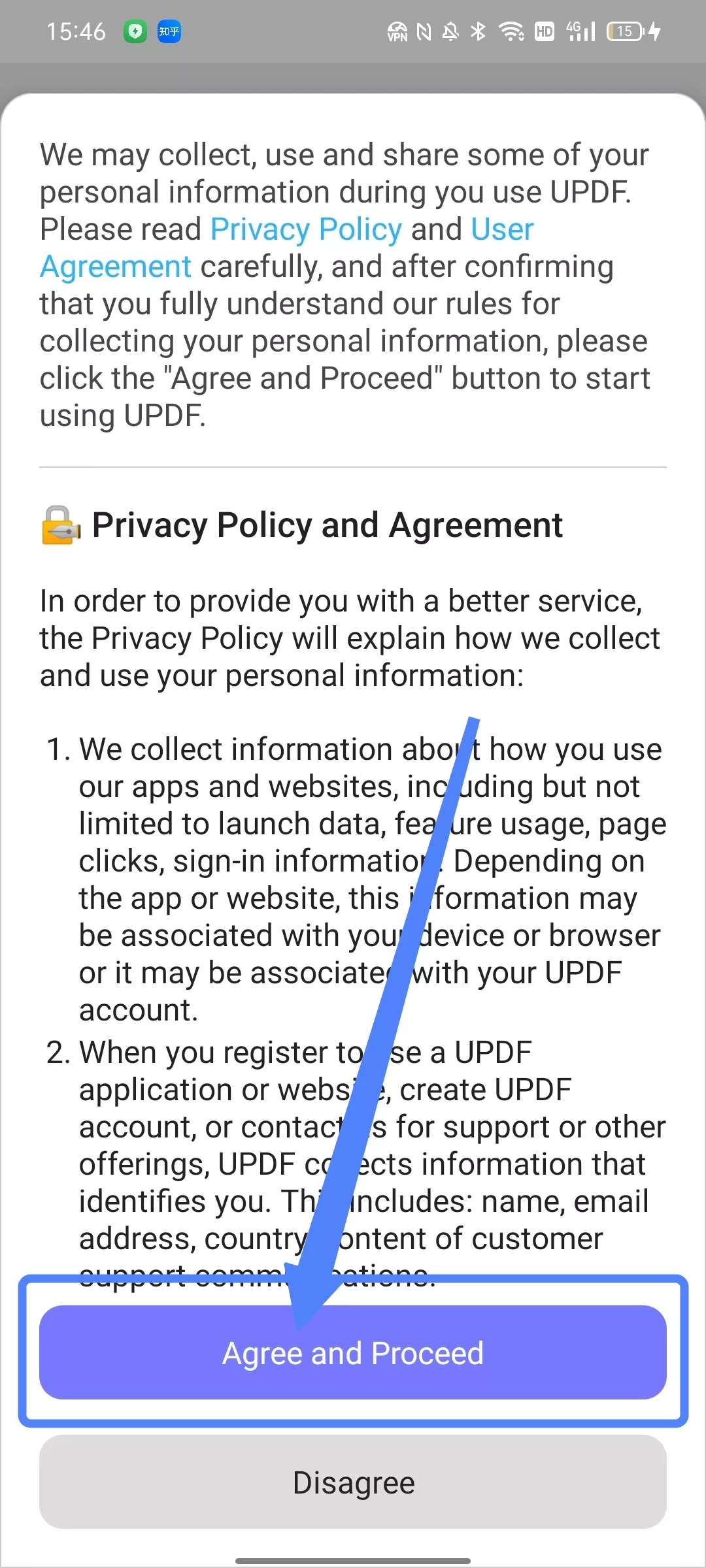 agree and proceed button in updf android