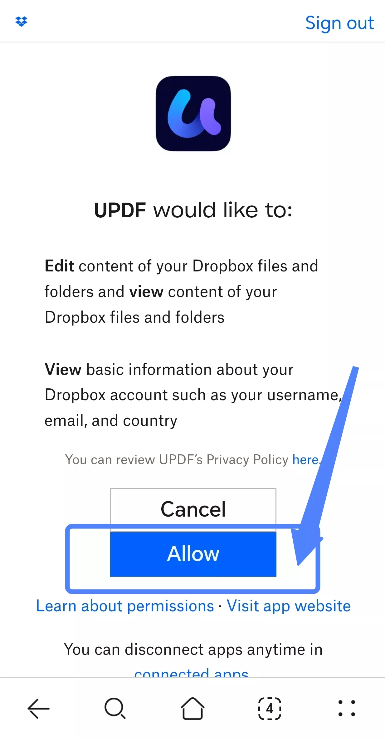 allow updf to connect to your dropbox