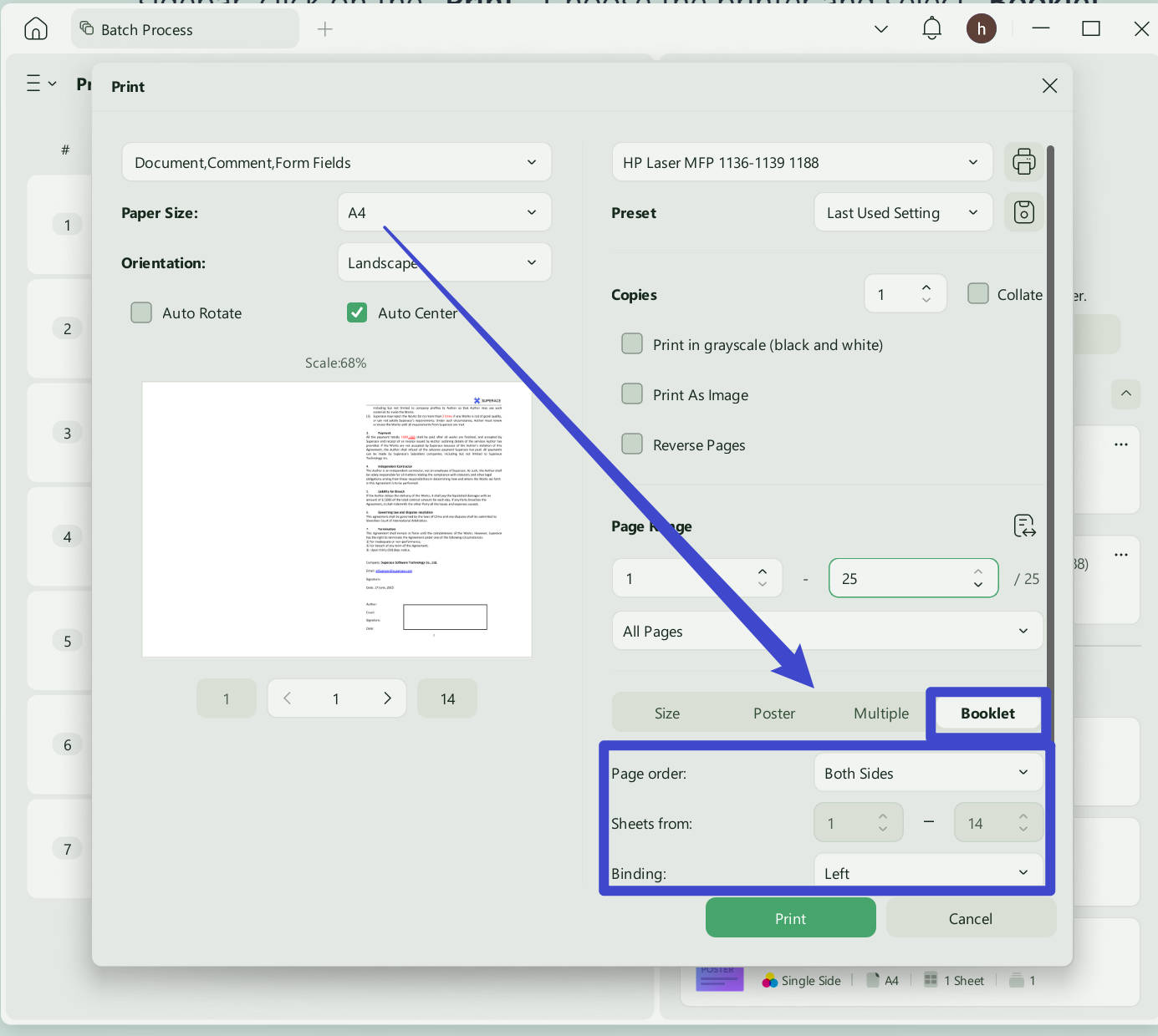 booklet setting to batch print updf windows