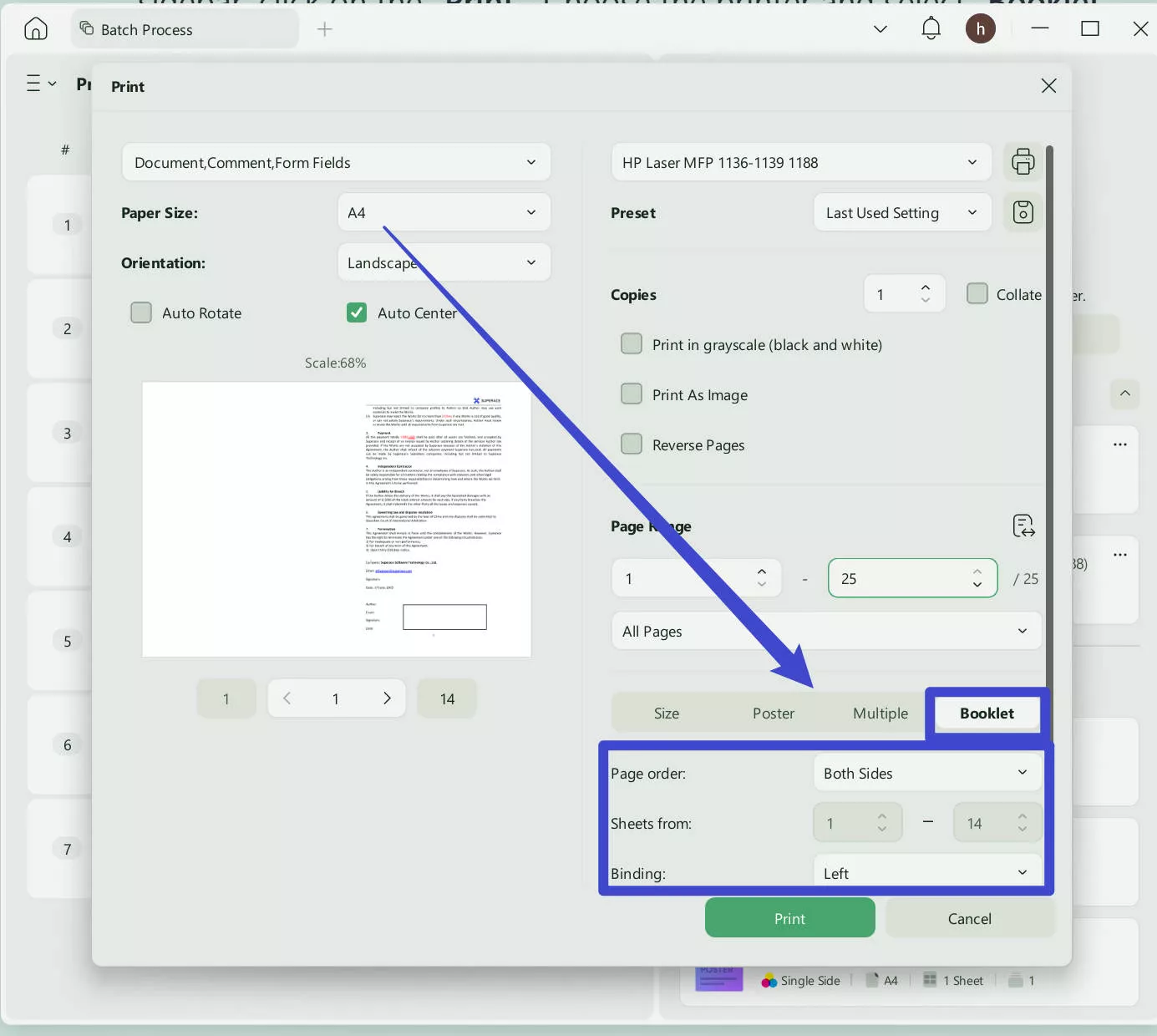 booklet setting to batch print updf windows