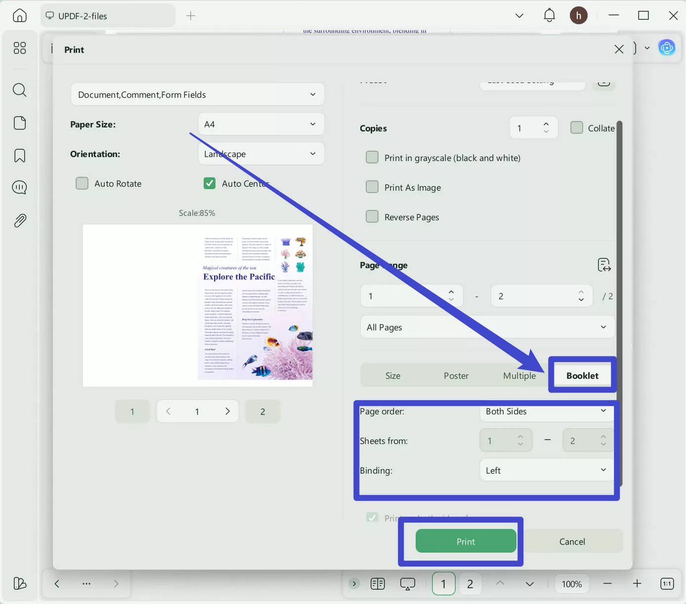 booklet setting to print updf windows