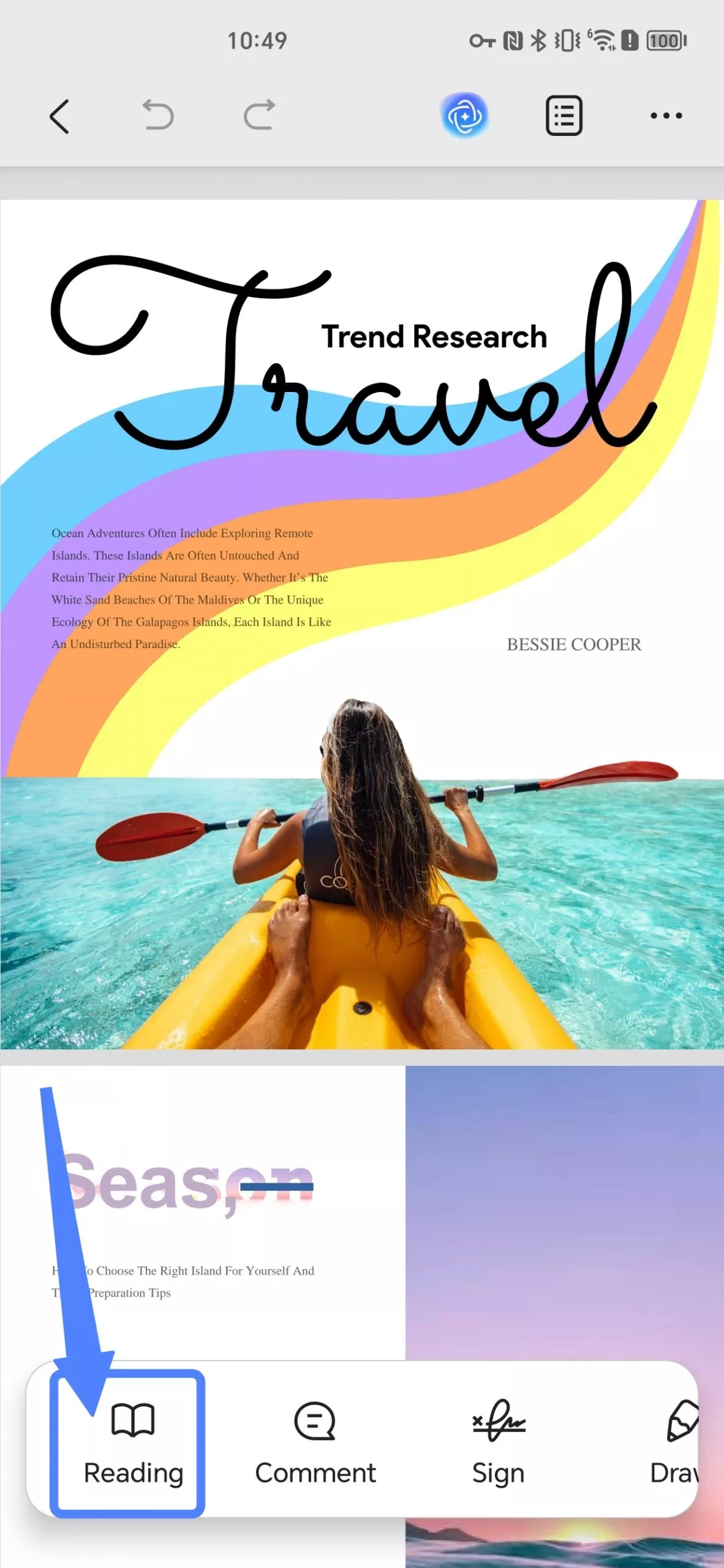 click reading on the bottom toolbar