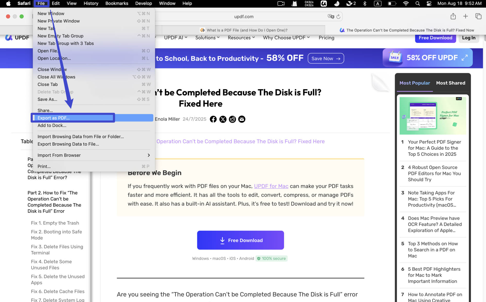 export webpage to pdf safari