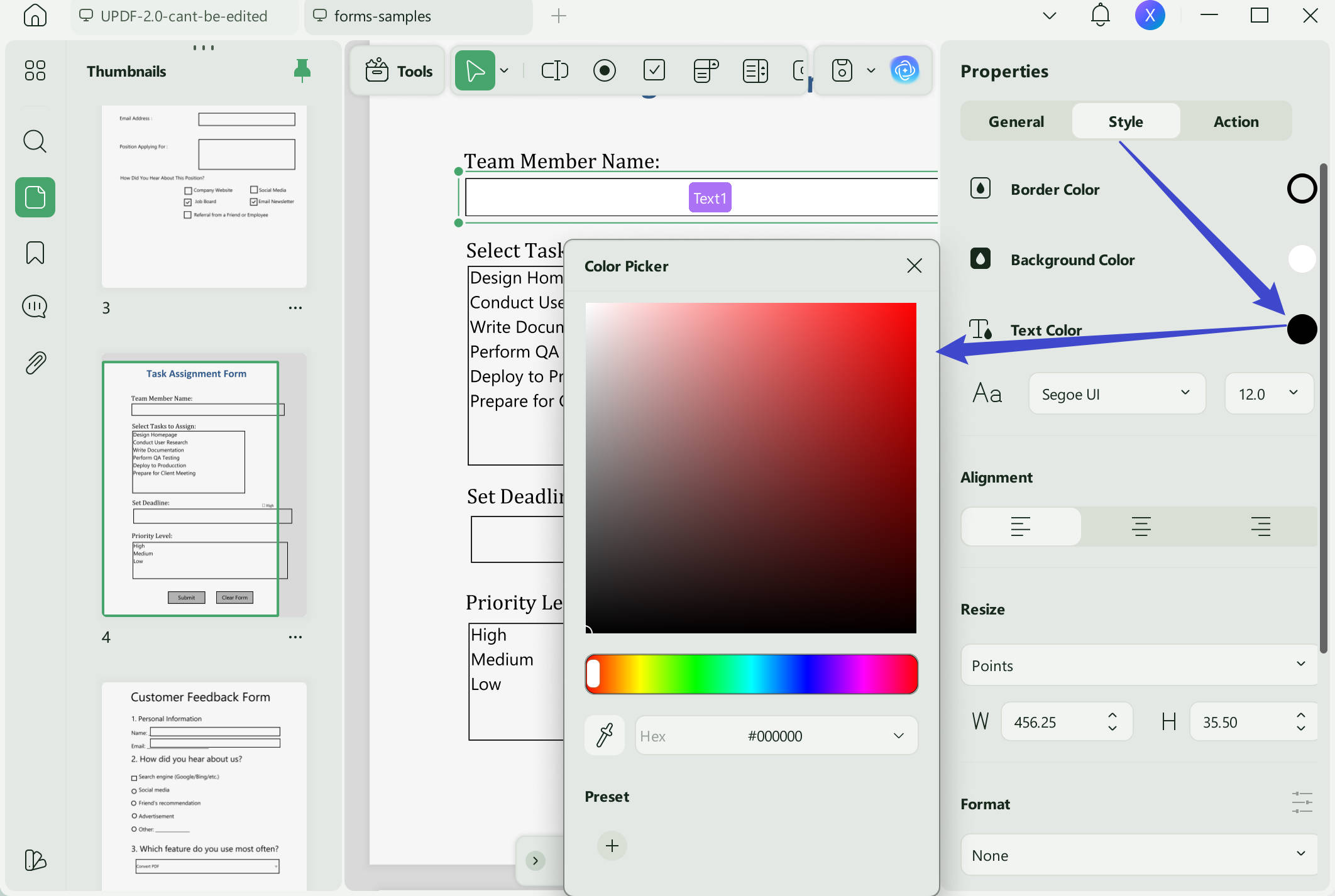 change pdf form text color