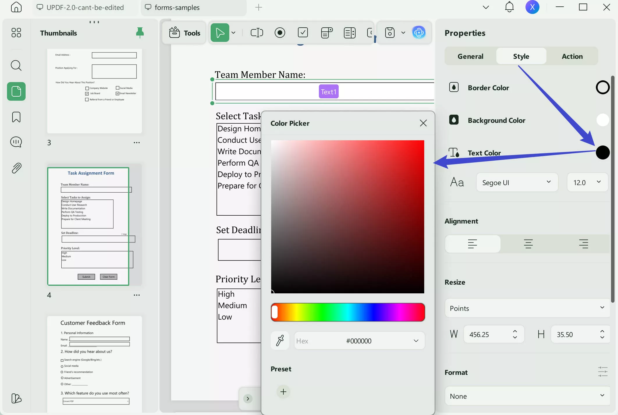 change pdf form text color