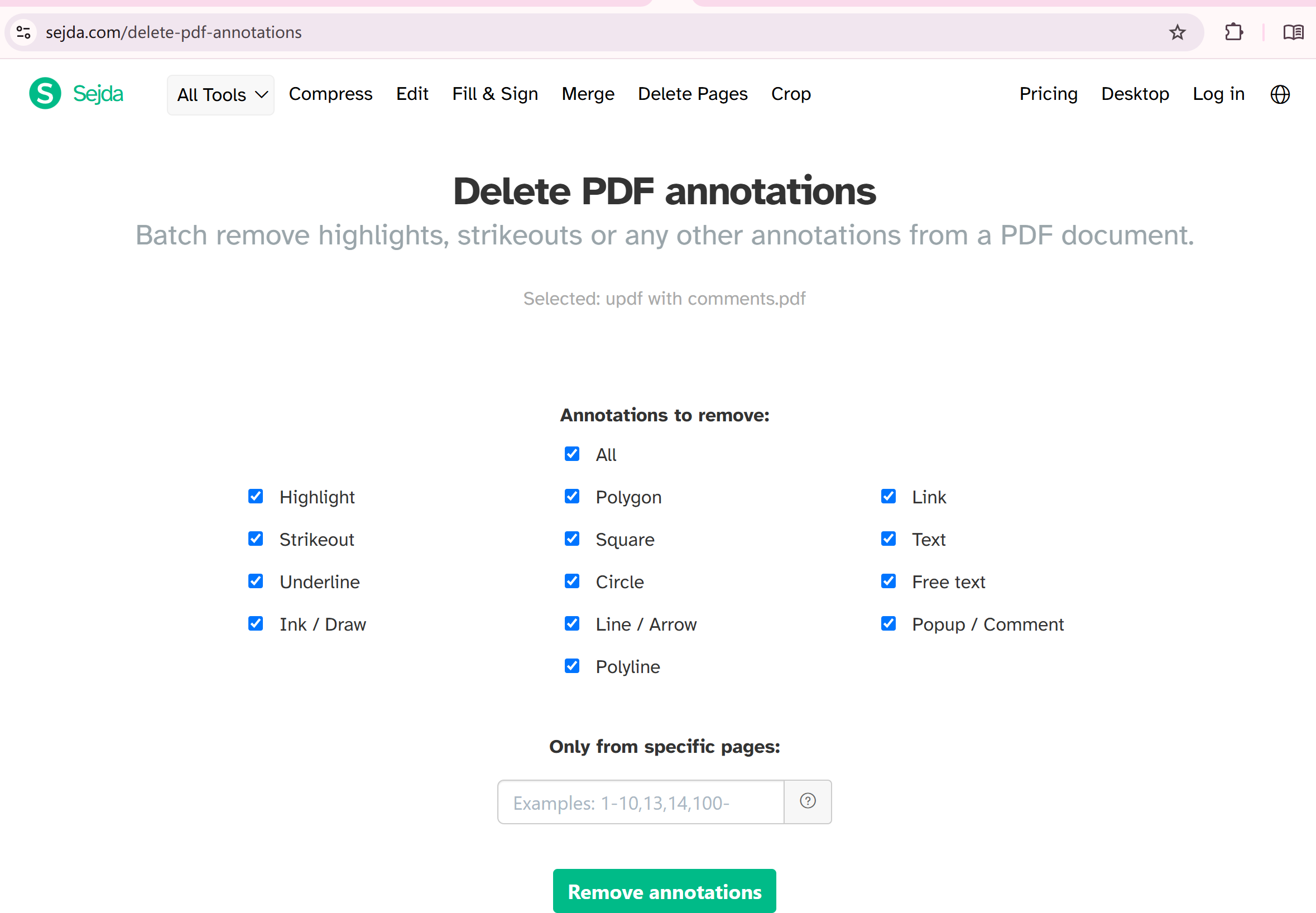 remove all annotations on sejda