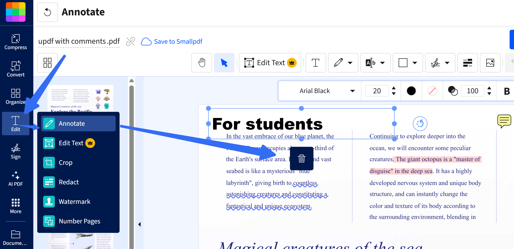 remove comments on smallpdf