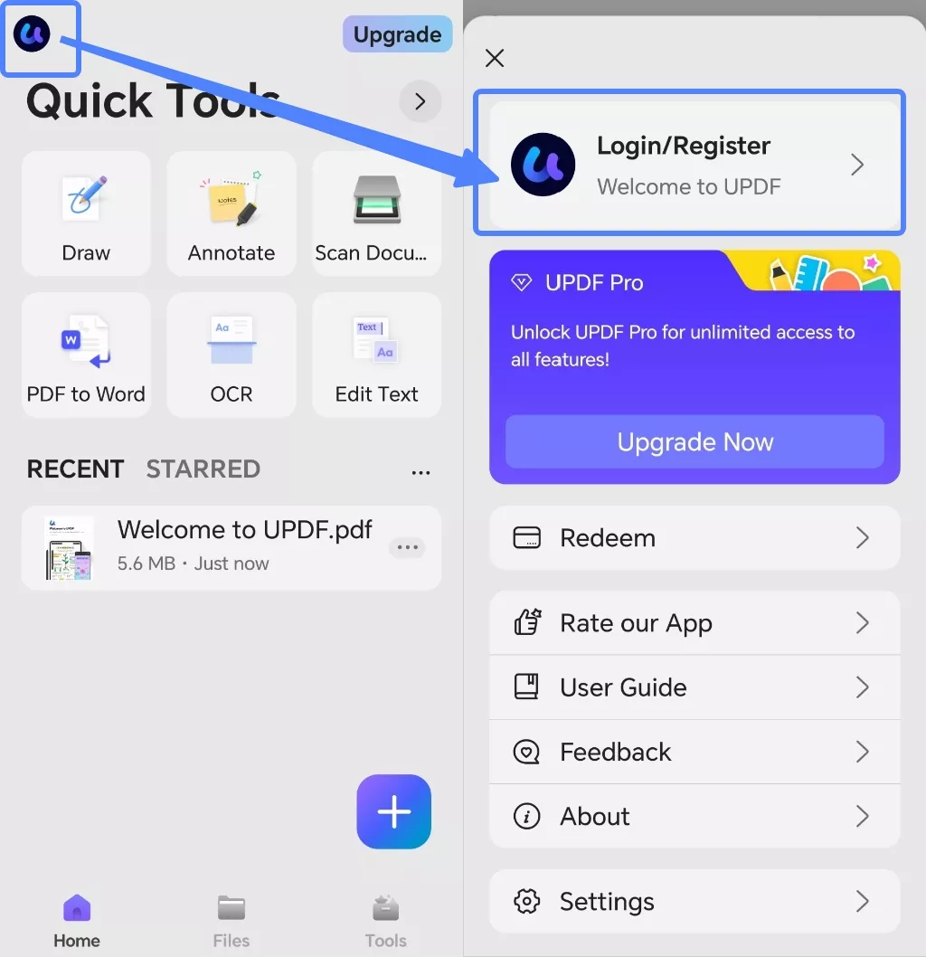 login to updf on android