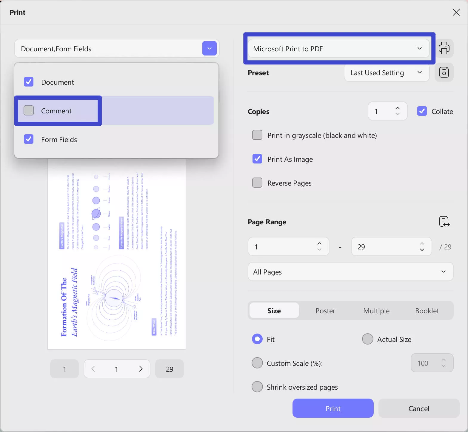 print pdf without comments