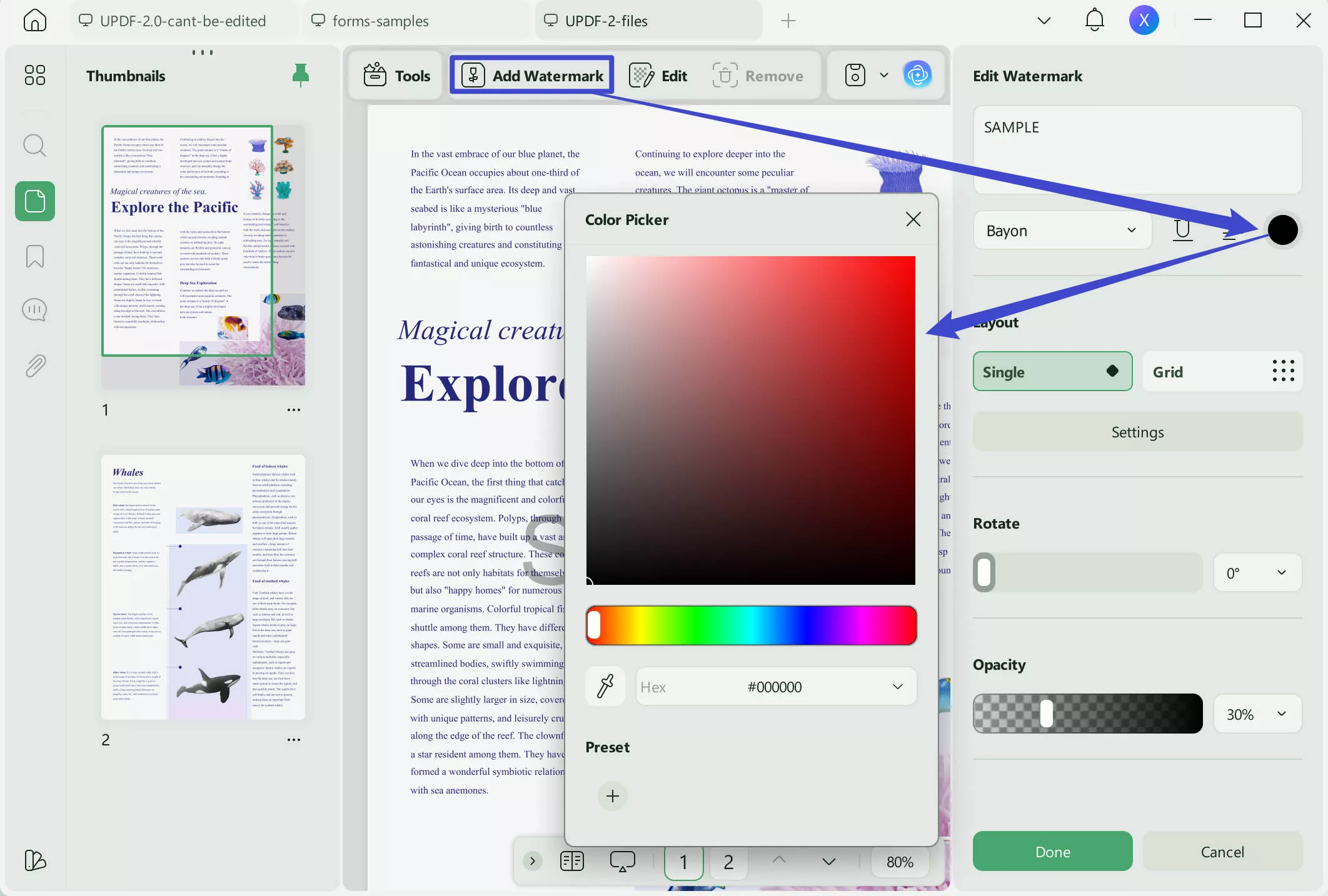 change pdf text color of watermark