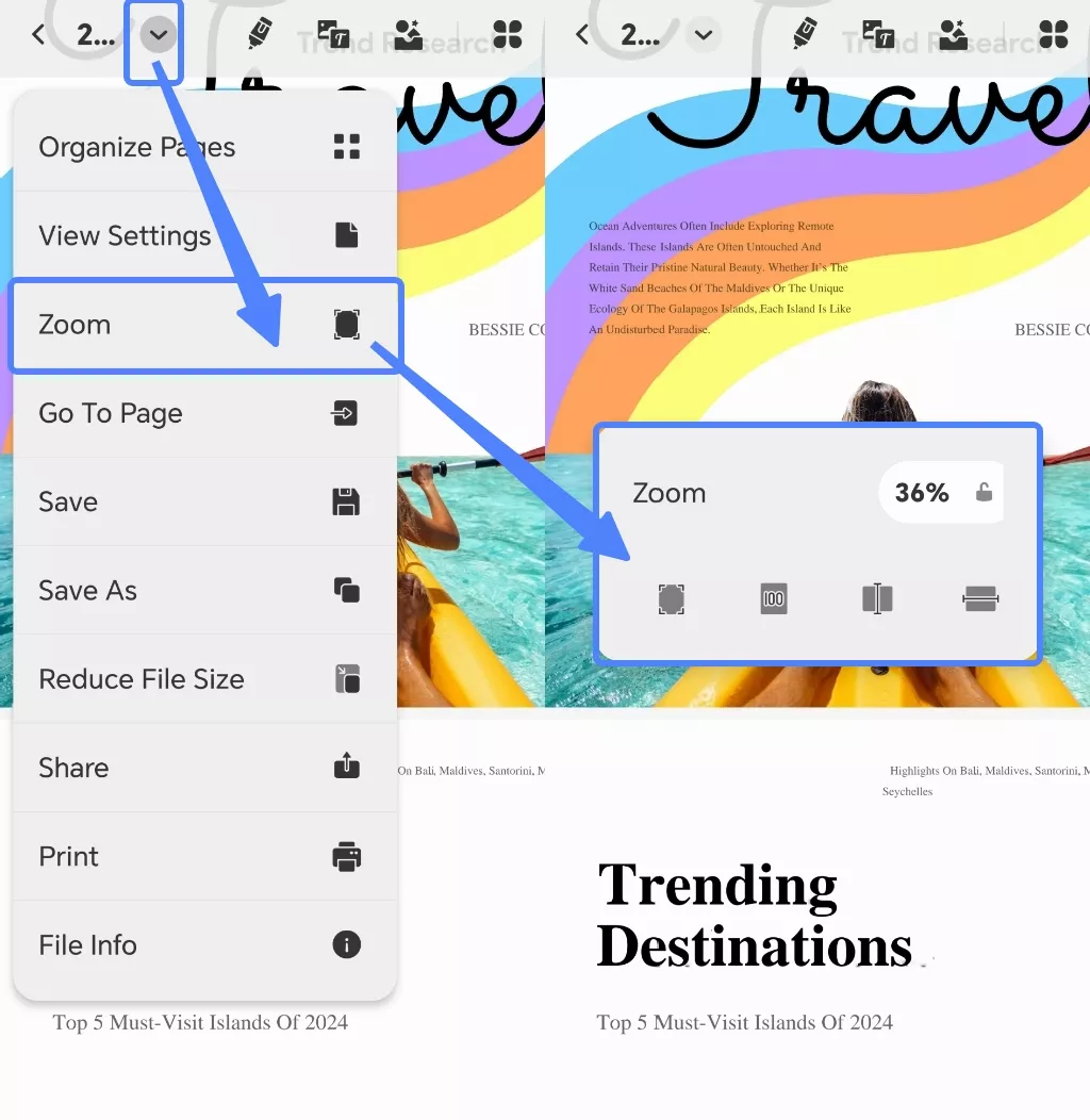 zoom in and out with updf on android