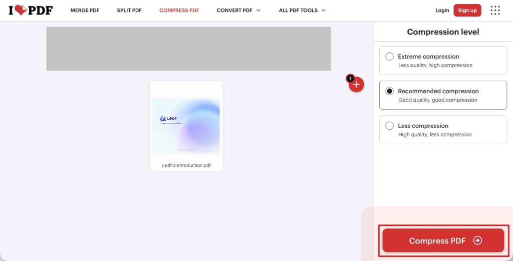 ilovepdf compress a pdf interface