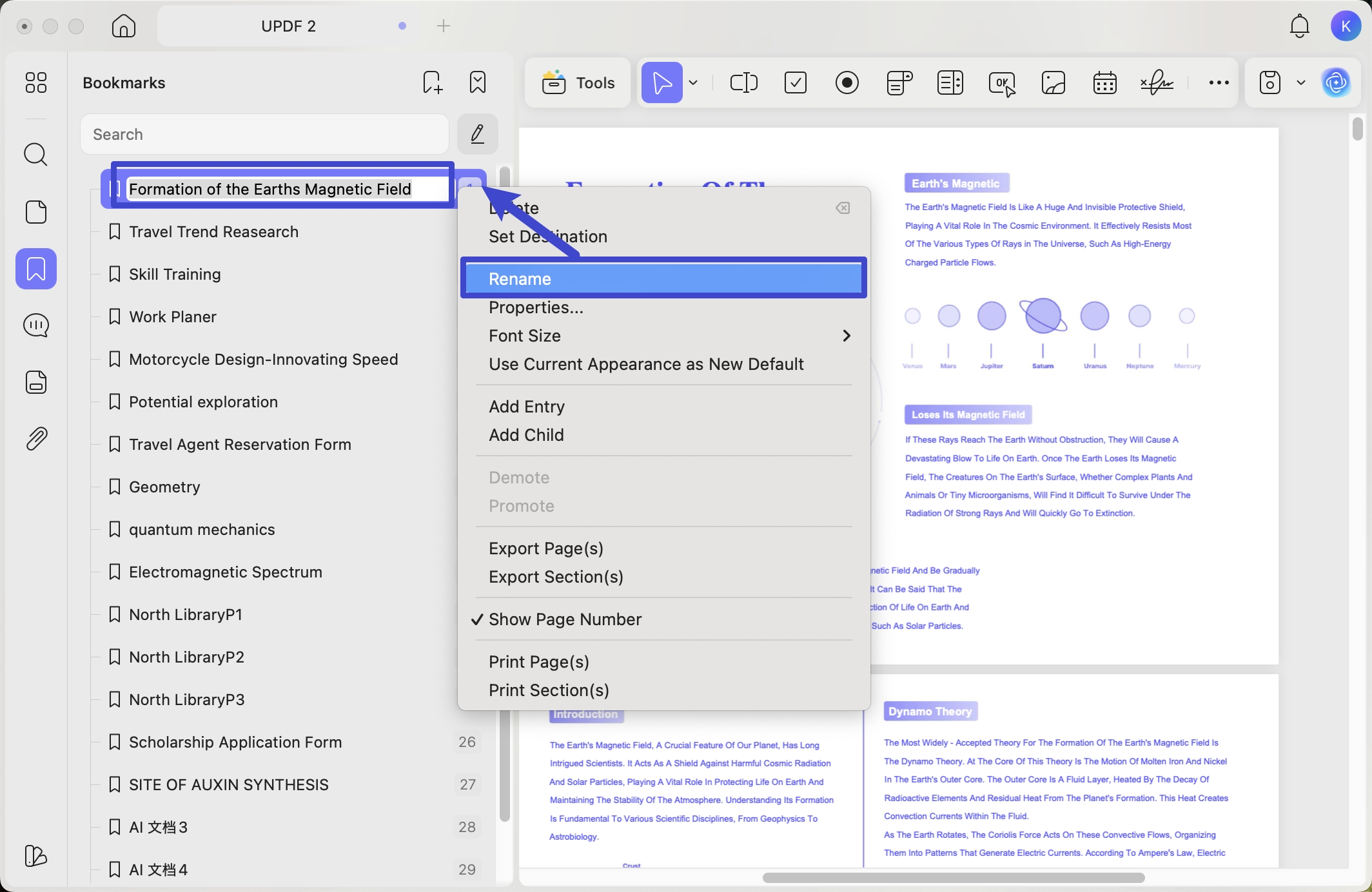 Rename bookmarks in PDF with UPDF Mac