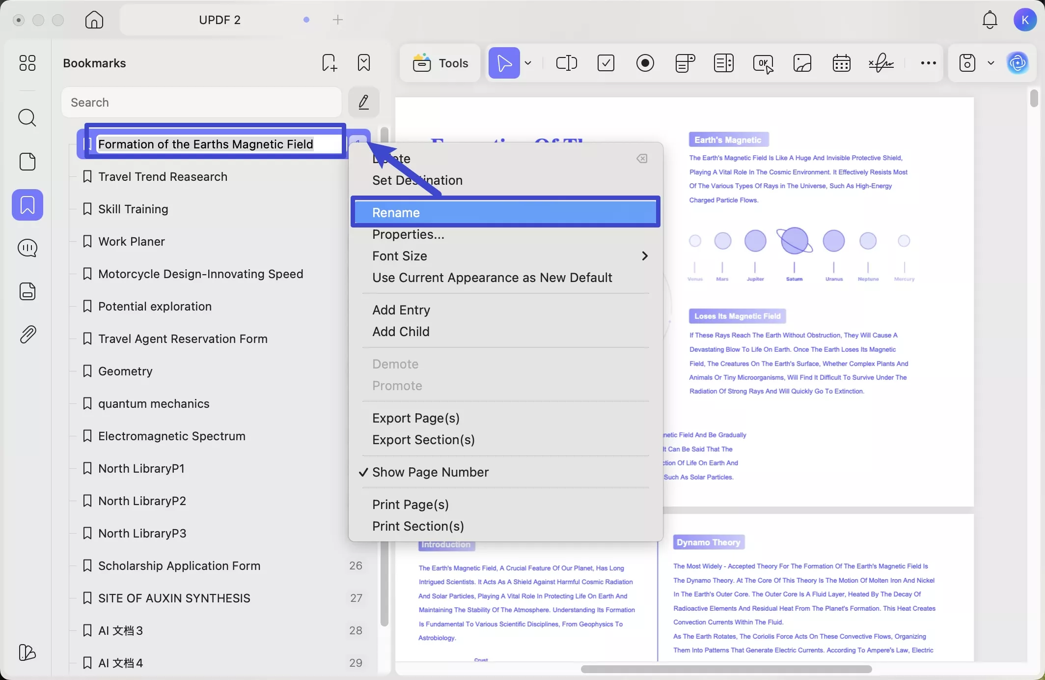 Rename bookmarks in PDF with UPDF Mac
