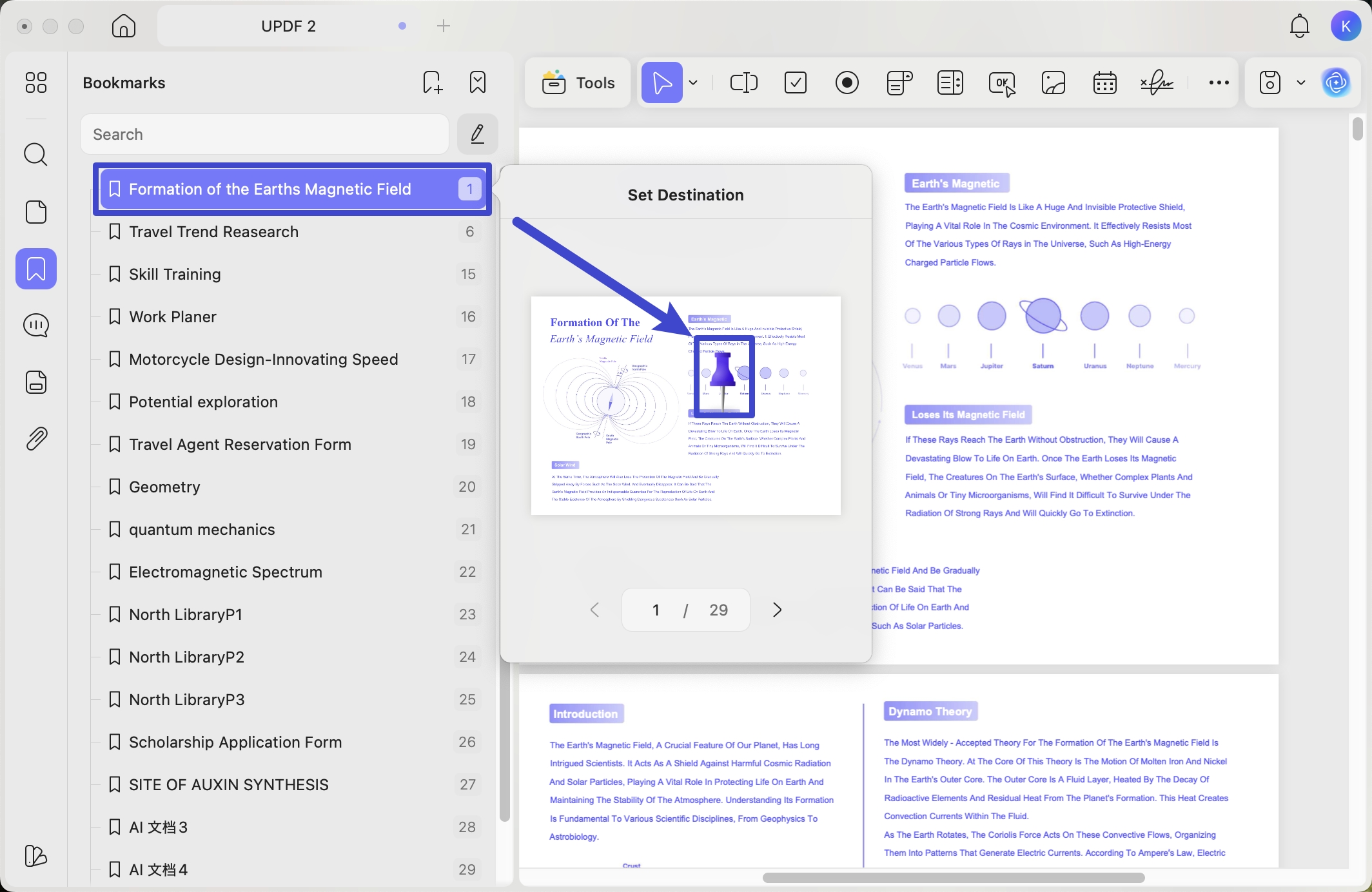 set destination for bookmarks to pdf updf mac