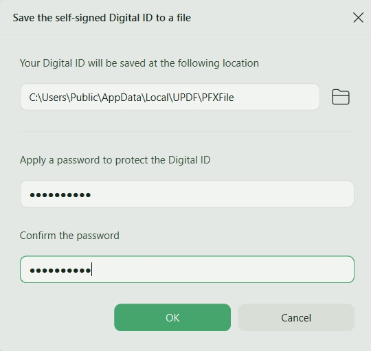 add location and password to create digital signature updf windows
