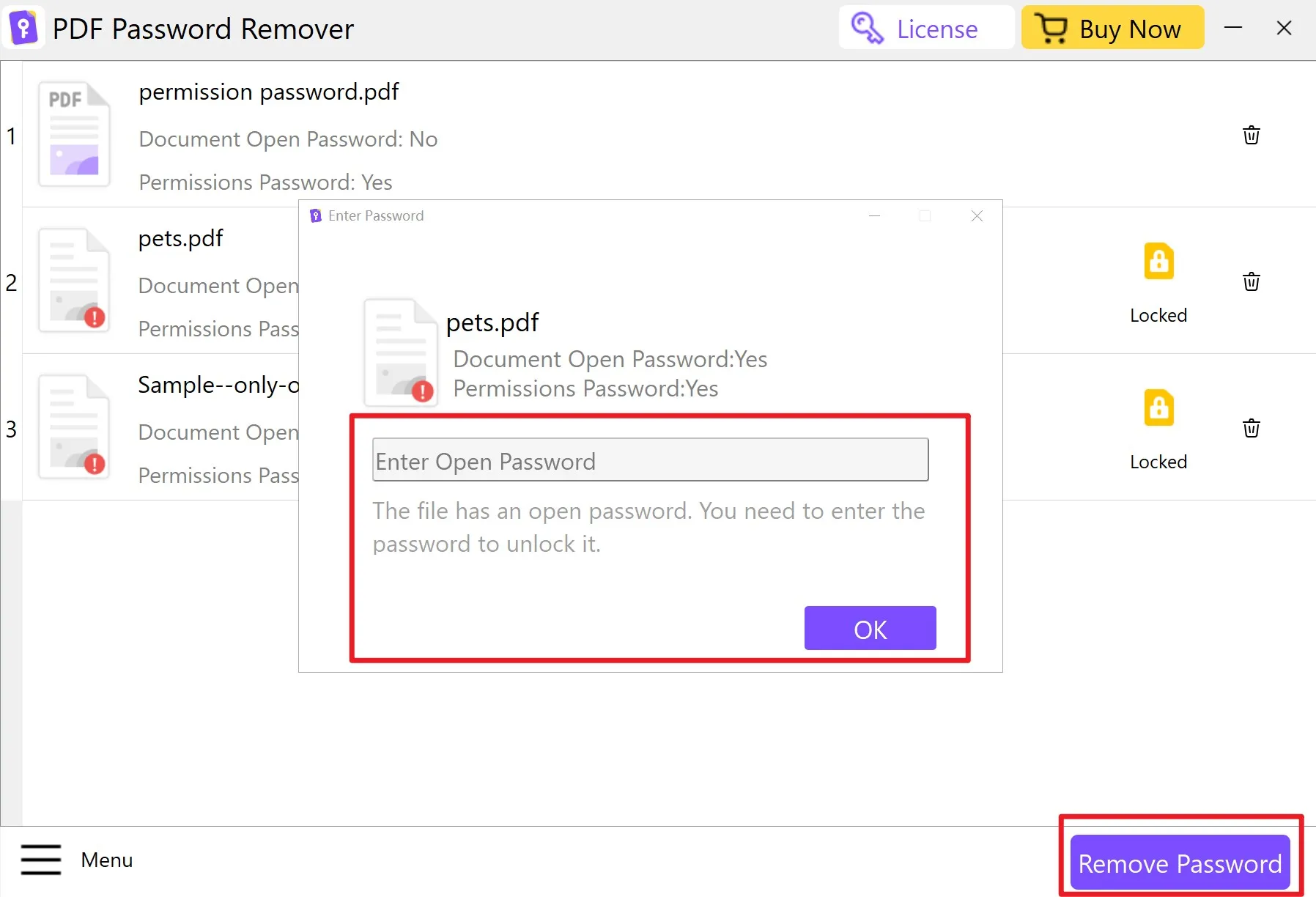 Passwort zum Öffnen eingeben, um die Sicherheit von PDF zu entfernen