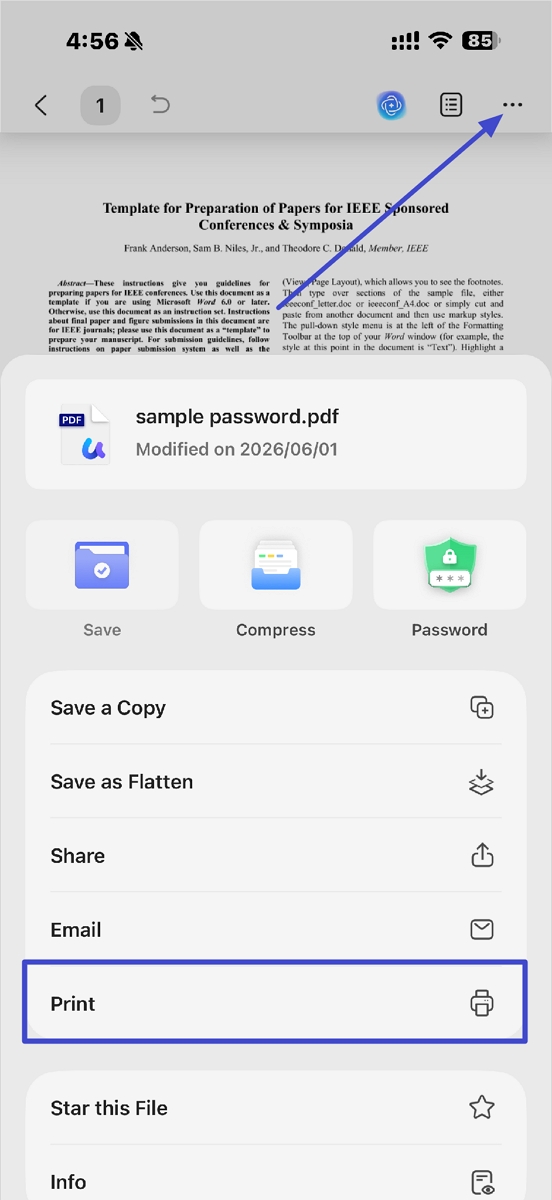 Tap the three-dots icon in the top-right corner and tap Print