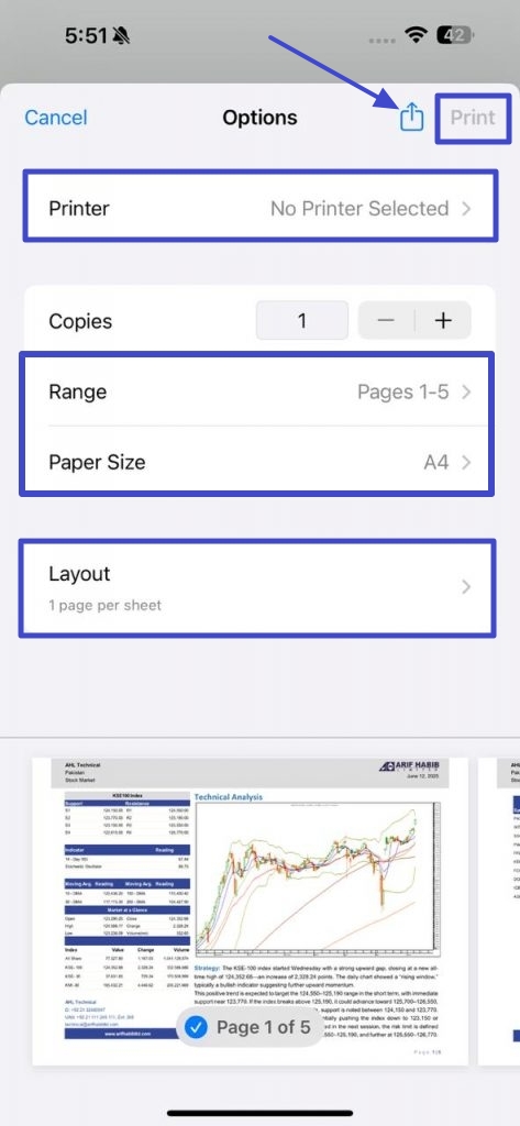Choose your printer, set the page range, page size, and layout, then tap Print