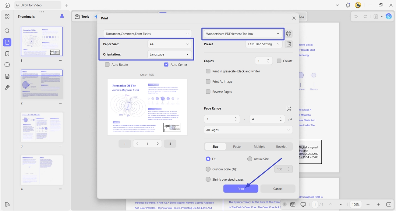 set the paper size and orientation