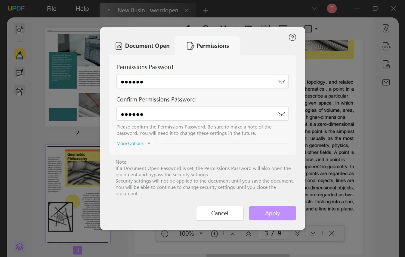 add permission password to make pdf uncopyable