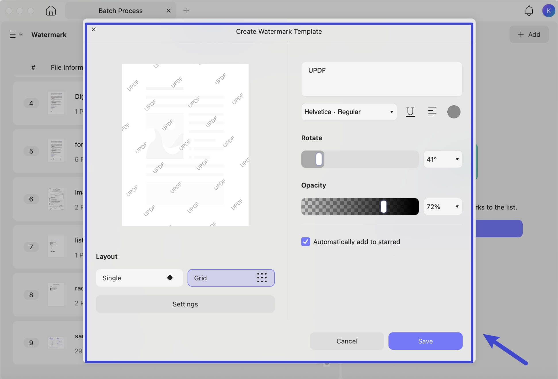 customize settings to add watermark to PDFs in bact with UPDF on Mac