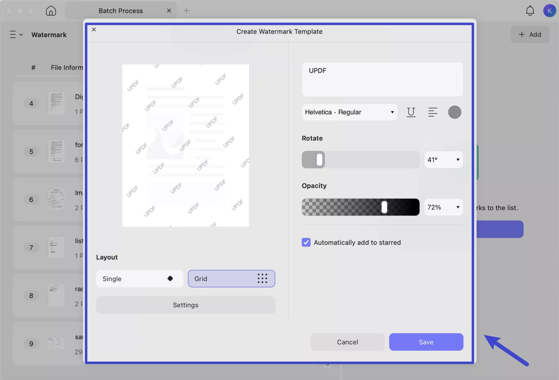 customize settings to add watermark to PDFs in bact with UPDF on Mac