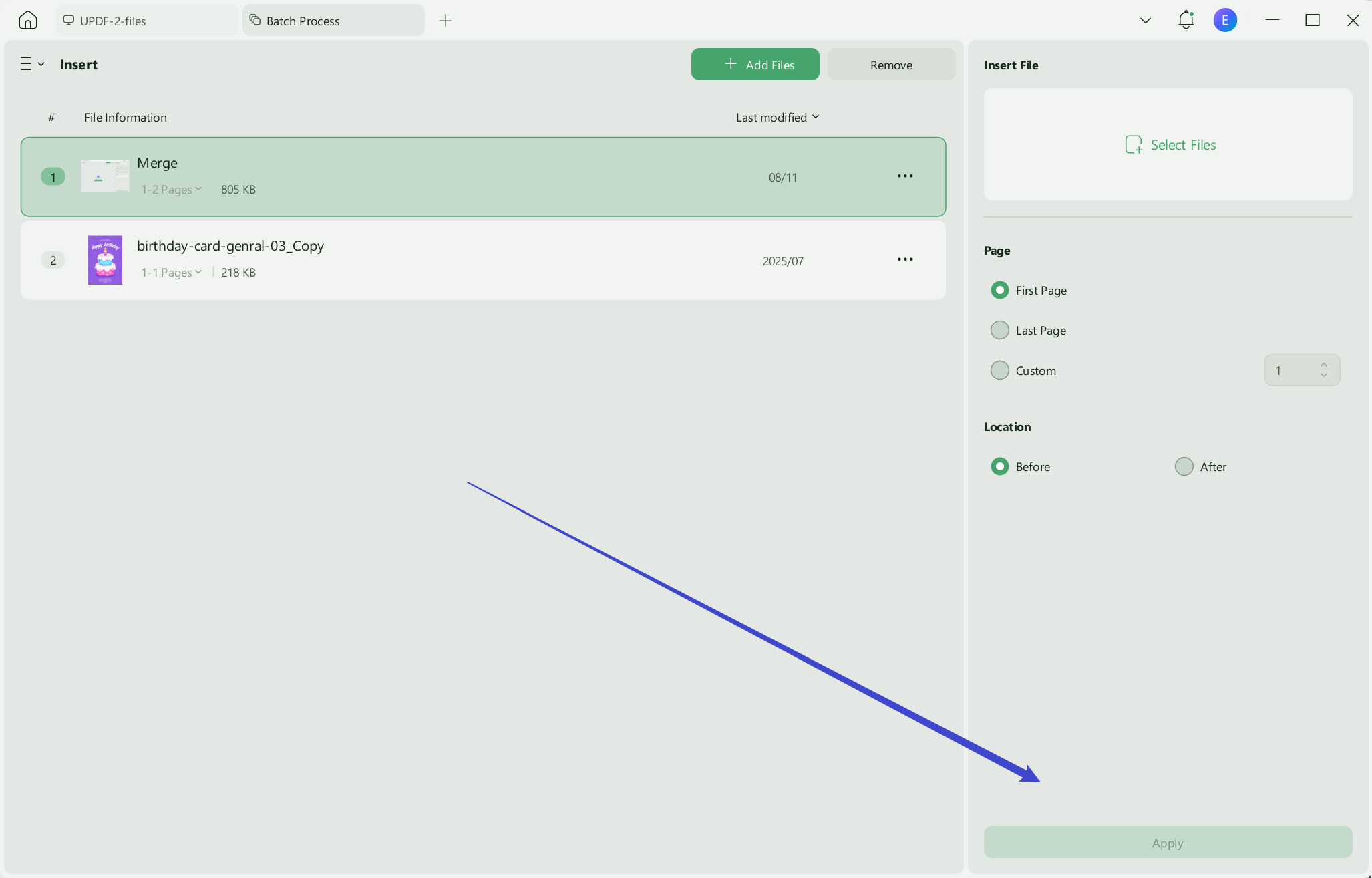 set insertion location and click apply in updf windows