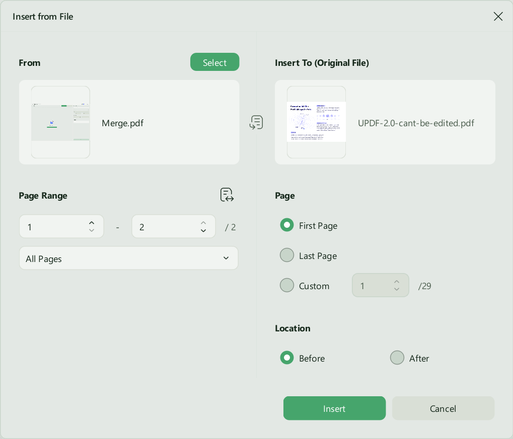 adjust settings and click insert in updf windows