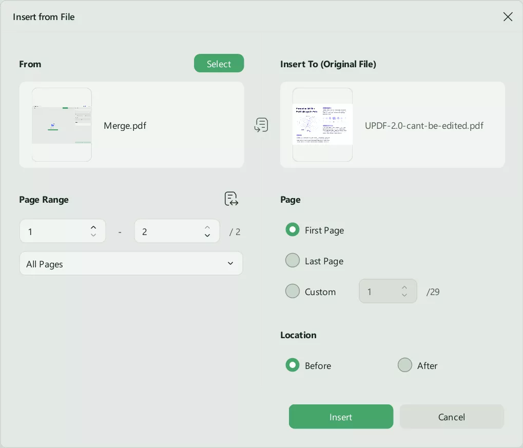adjust settings and click insert in updf windows