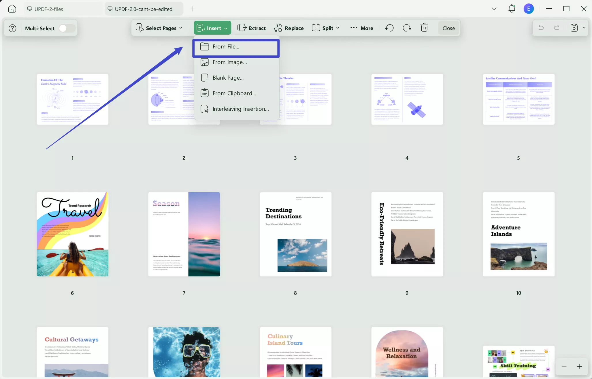 click insert and select the insert from file option in updf windows