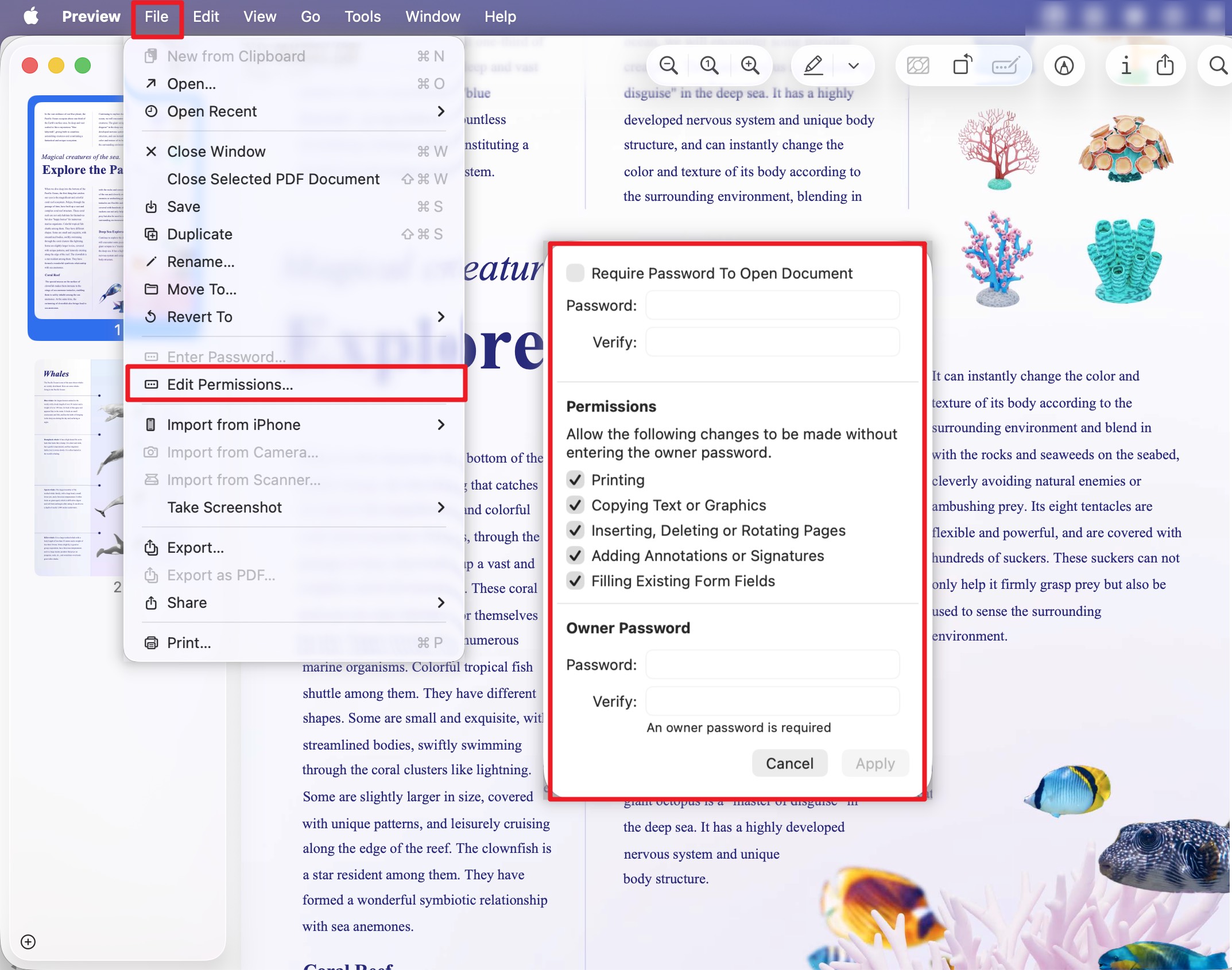 mac preview edit pdf permission