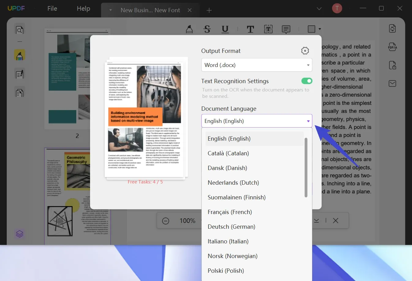 select language with convert pdf to word