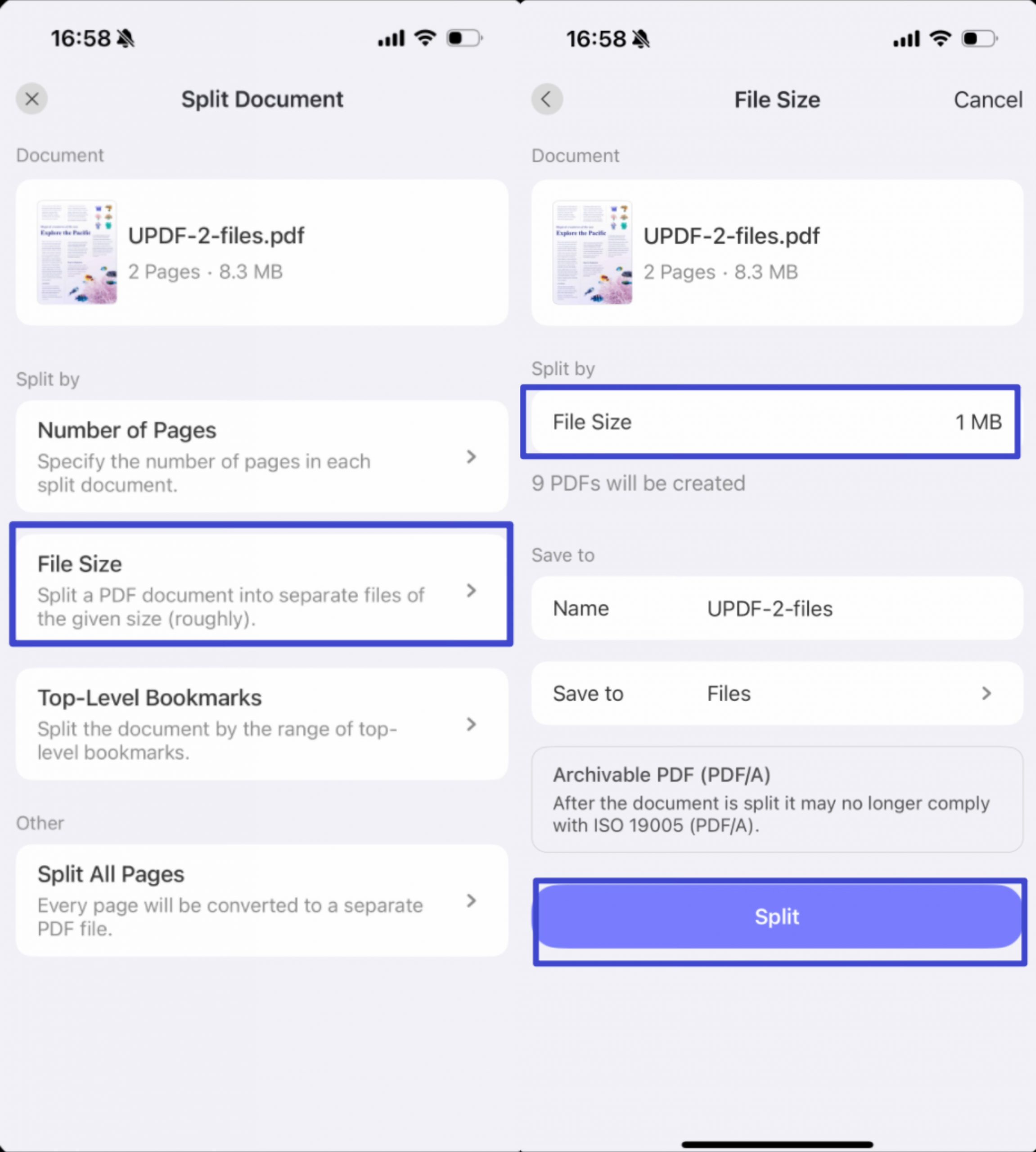 split by size updf app