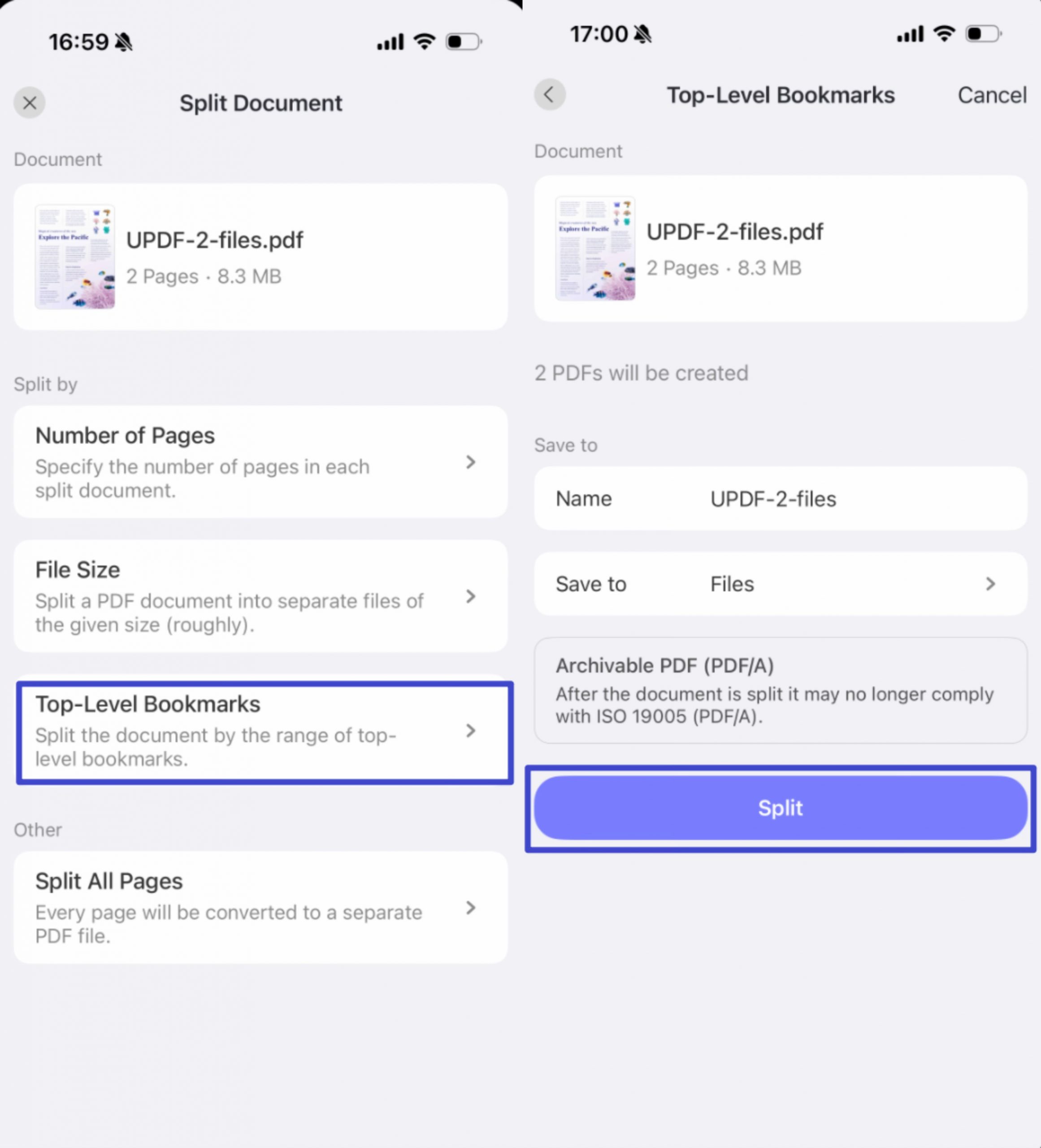 split by bookmark updf app
