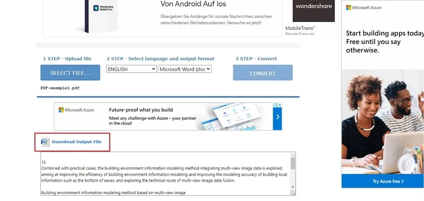 tap on download output file online ocr