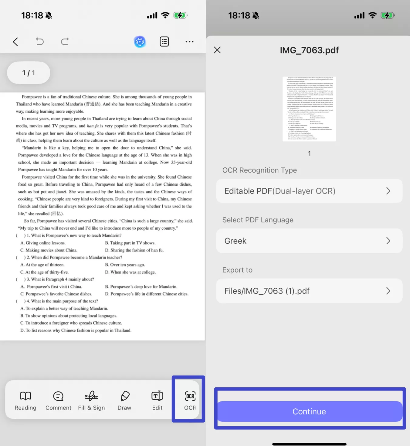 Open your file, click the "OCR" button at the bottom, adjust the settings base on your need. After that, click "Continue".