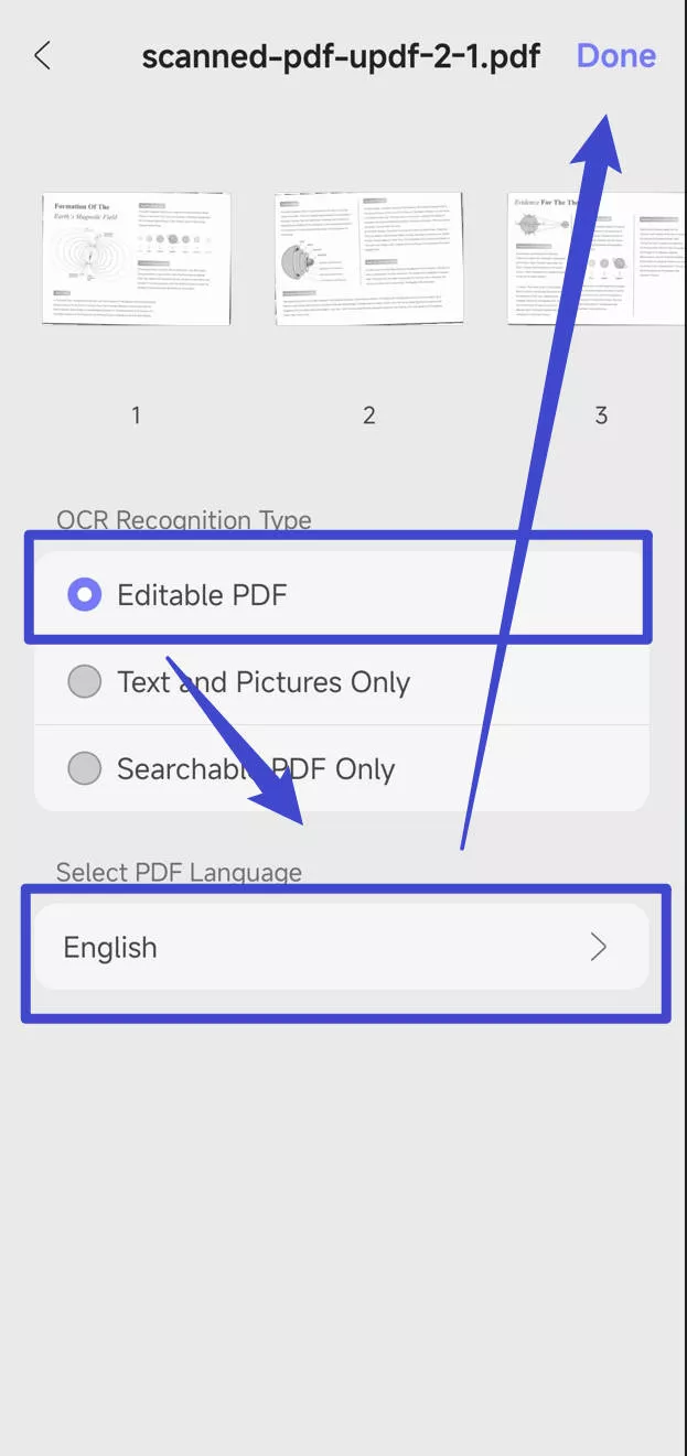 OCR scanned PDF with updf on android