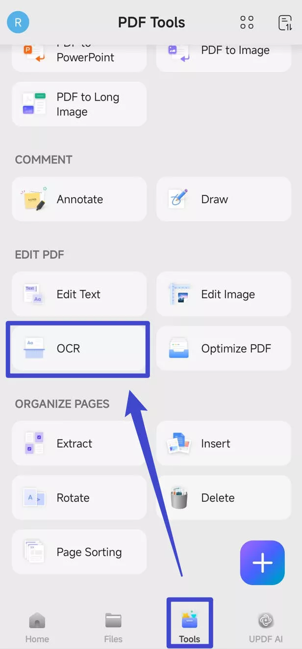 choose ocr after clicking on the tools updf android
