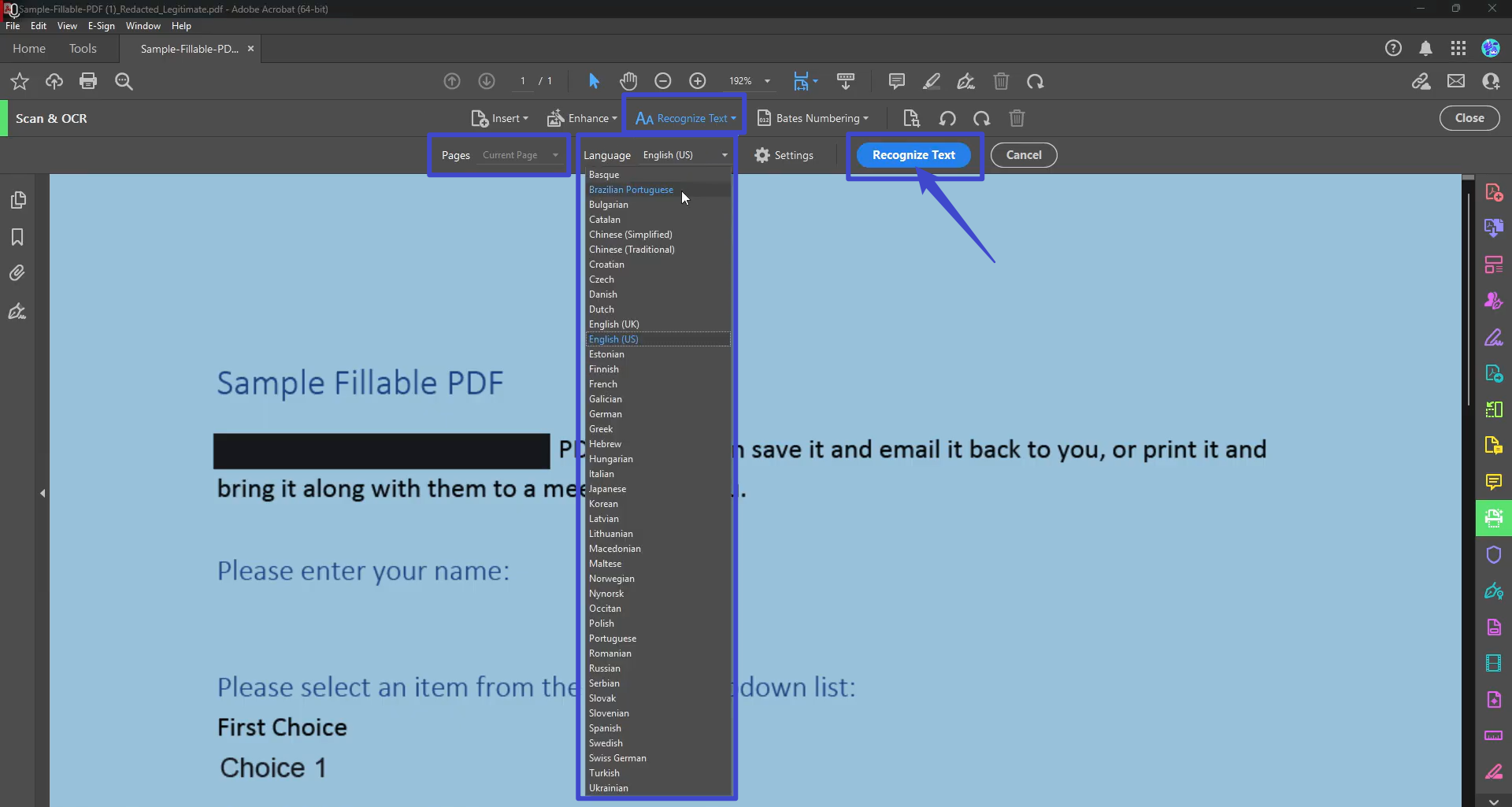 pick the page range to enable ocr