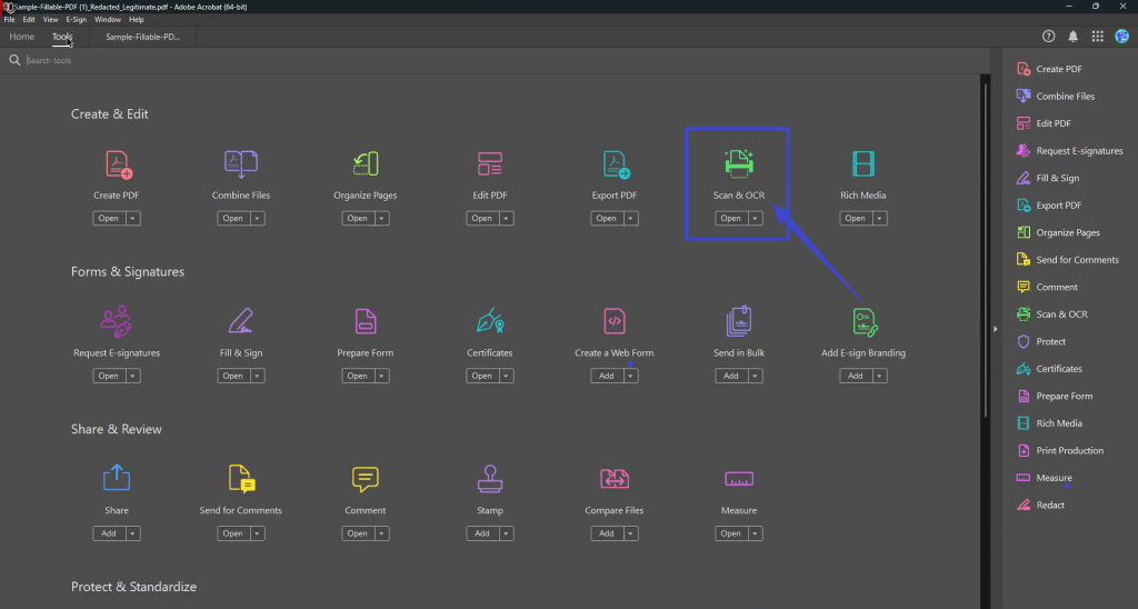 select scan and ocr in adobe acrobat