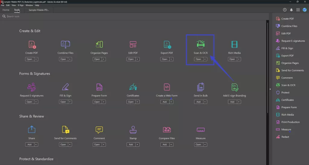 select scan and ocr in adobe acrobat