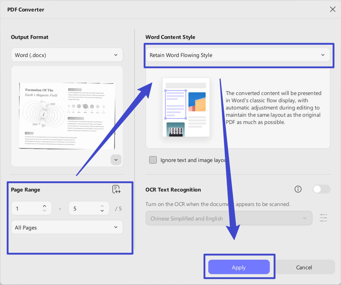 settings to convert scanned PDF to Word with UPDF on windows