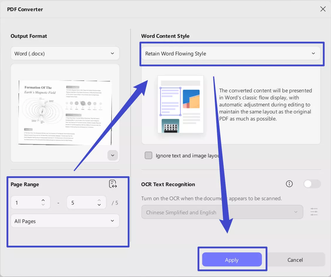 settings to convert scanned PDF to Word with UPDF on windows