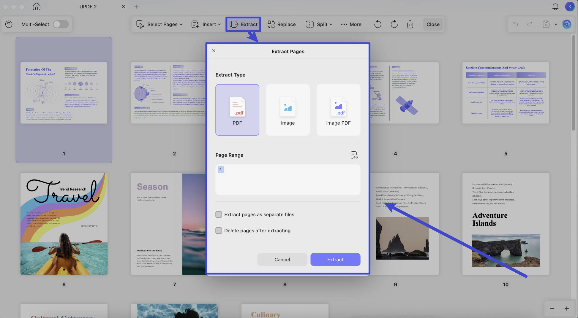 choose the extract types in the PDF with UPDF mac