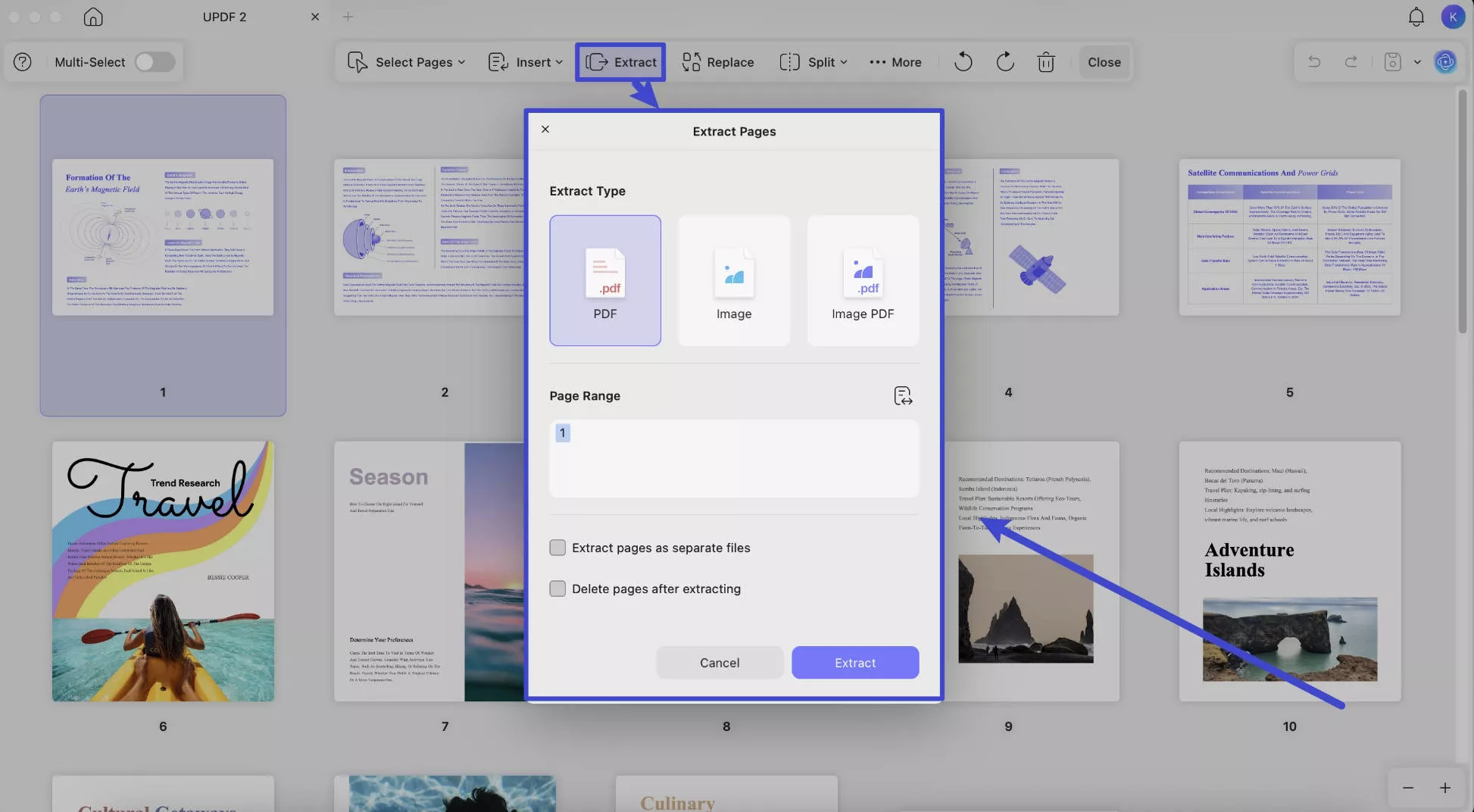 choose the extract types in the PDF with UPDF mac