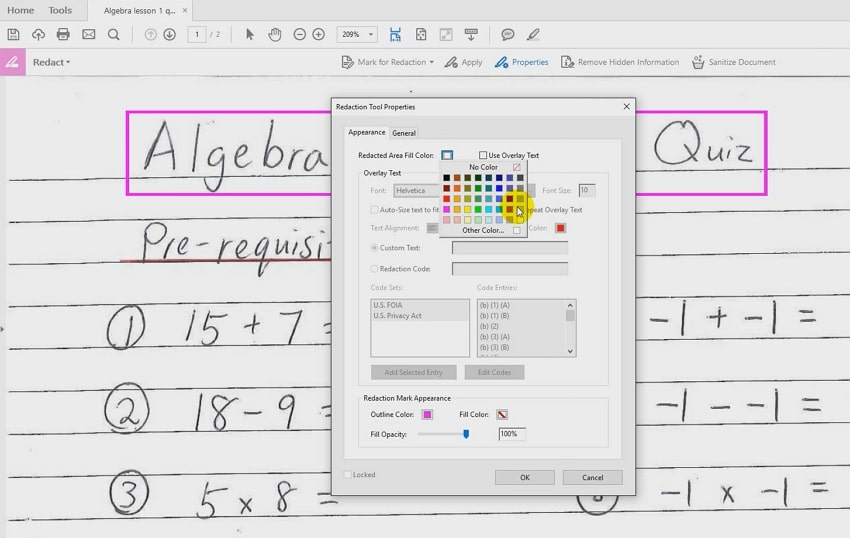 choose the redacted area fill color