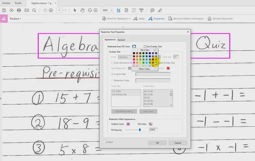 choose the redacted area fill color