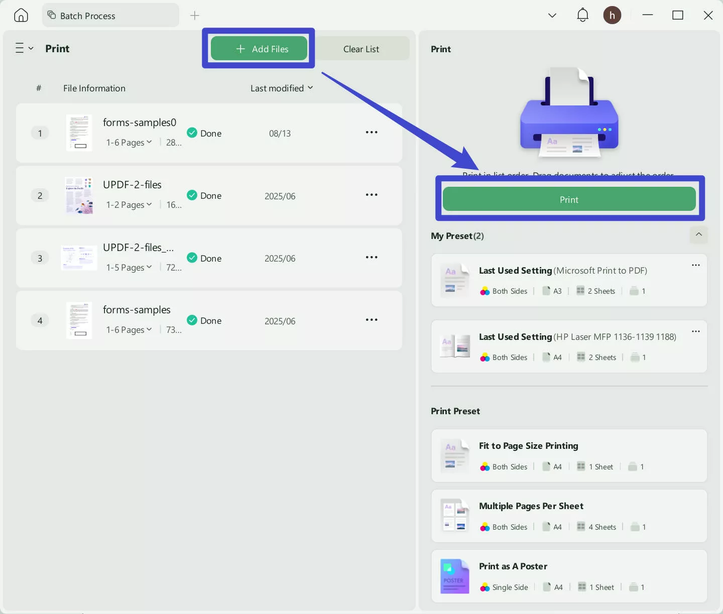 add files to batch print updf windows
